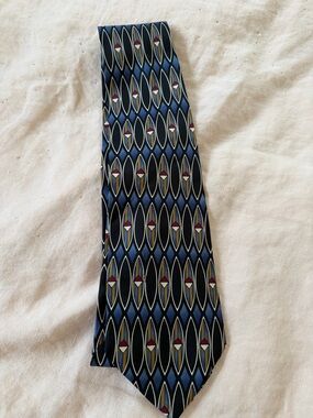 Albert Nipon Blue Geometric Oval-Pattern Tie with Burgundy Accents